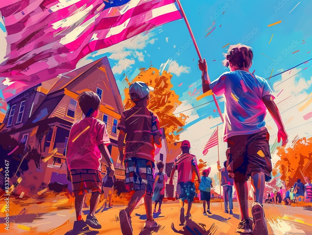 Fototapeta premium Group of children walking in a colorful parade holding an American flag in a vibrant neighborhood setting on a sunny day.