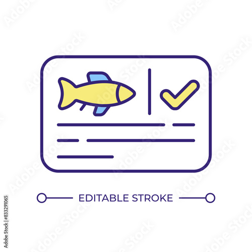 Fishing license RGB color icon. Fisheries management, industry standard. Seafood production control, monitoring. Isolated vector illustration. Simple filled line drawing. Editable stroke