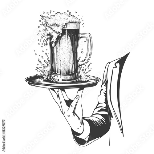 bartender with beer mug on serving tray. Engraving imitation. Black and white Ink sketch isolated on background.