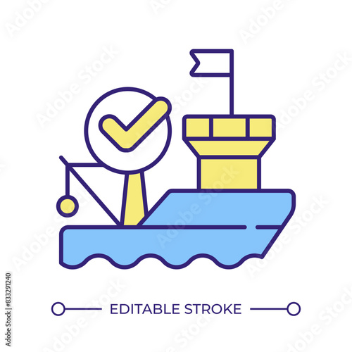 Vessel registry RGB color icon. Fisheries management, fishery policy. Industry standards, certification. Fishing regulation. Isolated vector illustration. Simple filled line drawing. Editable stroke