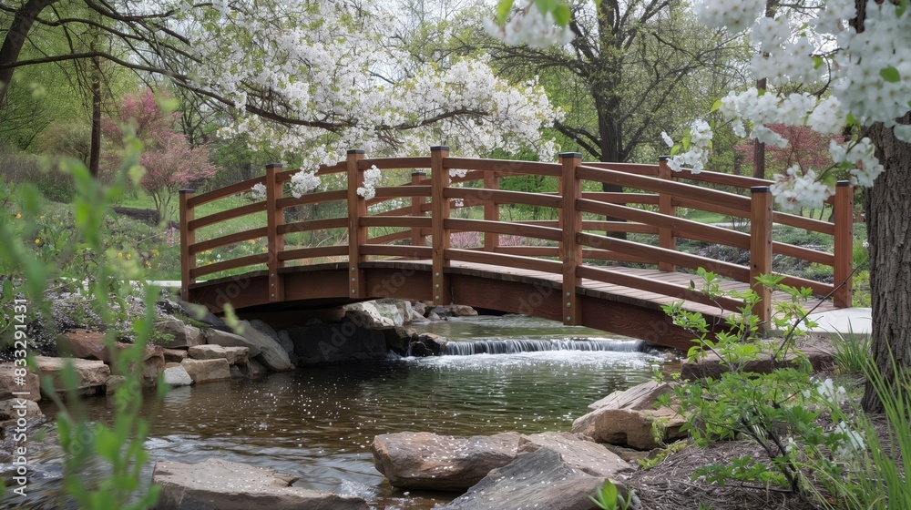 Picturesque wooden bridge spans a gentle stream amidst blooming spring foliage, offering a peaceful natural escape in a pastoral setting Picturesque wooden bridge spans a gentle stream amidst blooming spring foliage, offering a peaceful natural escape in a pastoral setting