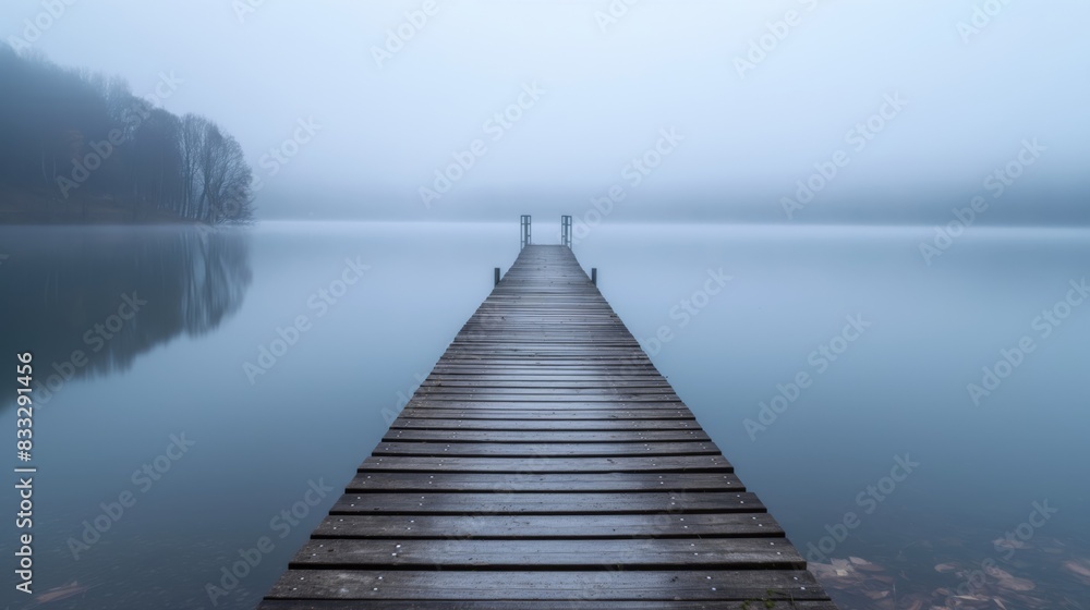 Tranquil wooden dock extends into a calm, fogcovered lake, evoking a sense of peace and solitude in the early morning Tranquil wooden dock extends into a calm, fogcovered lake, evoking a sense of peace and solitude in the early morning