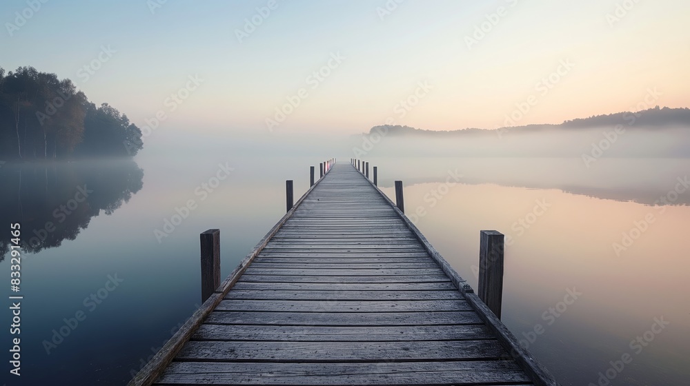Fototapeta premium Serene wooden dock leads out over a calm lake, shrouded in soft morning mist, reflecting a peaceful and ethereal atmosphere