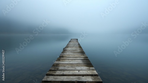 Tranquil wooden dock reaches into a calm, fogshrouded lake, creating a serene and contemplative atmosphere in the early morning light