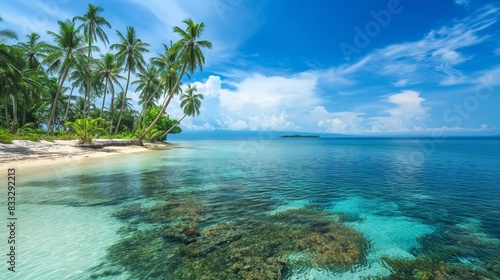 Serene tropical island showcasing clear blue waters, white sandy beaches, and lush palm trees under a bright, sunny sky