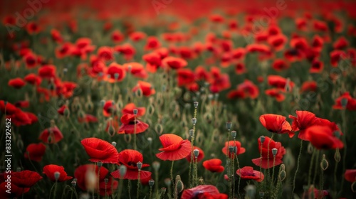 Striking photo capturing the vibrant beauty of a red poppy field with delicate flowers swaying in a serene landscape