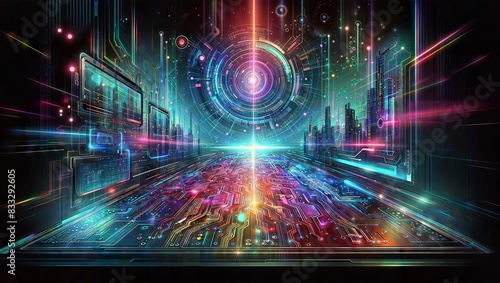 Futuristic digital cityscape with vibrant circuit board streets, neon lights, skyscrapers, and a central glowing orb, encapsulating the essence of cyberpunk and digital art.