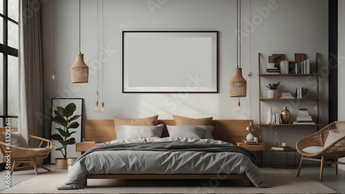 Poster advertisement empty mockup with cozy bedroom interior design © AbsAI