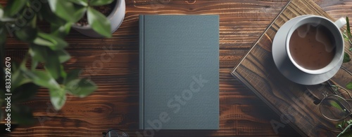 A hardcover book mockup with a minimalist cover design, placed on a wooden table next to a coffee cup and reading glasses photo