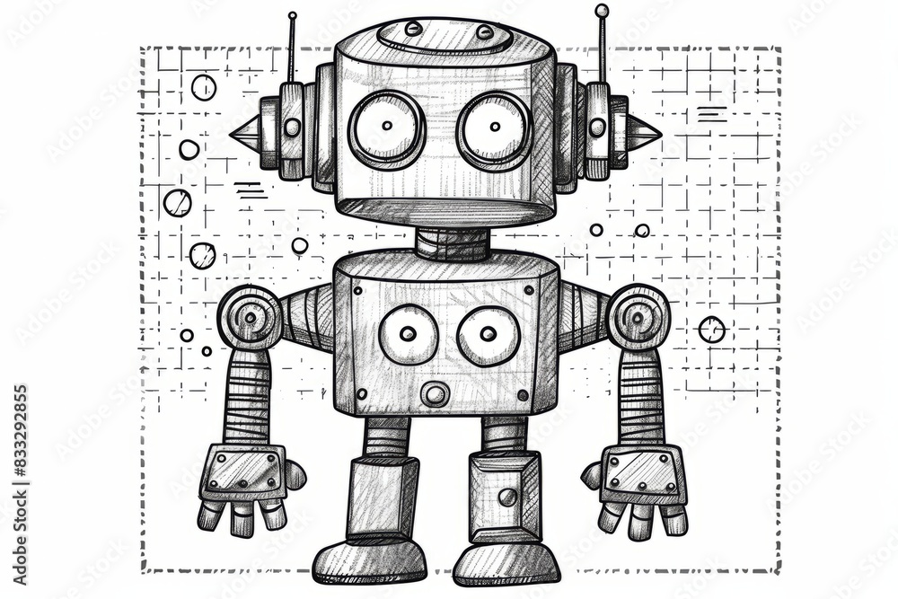 Fototapeta premium Cartoon cute doodles of a halftone robot with mechanical parts and dotted eyes, Generative AI