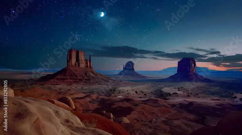 beautiful landscape photo Beautiful classic panoramic view of Monument Valley with the famous Mittens and Merrick Butte illuminated by beautiful mystical moonlight on a starry summer night  