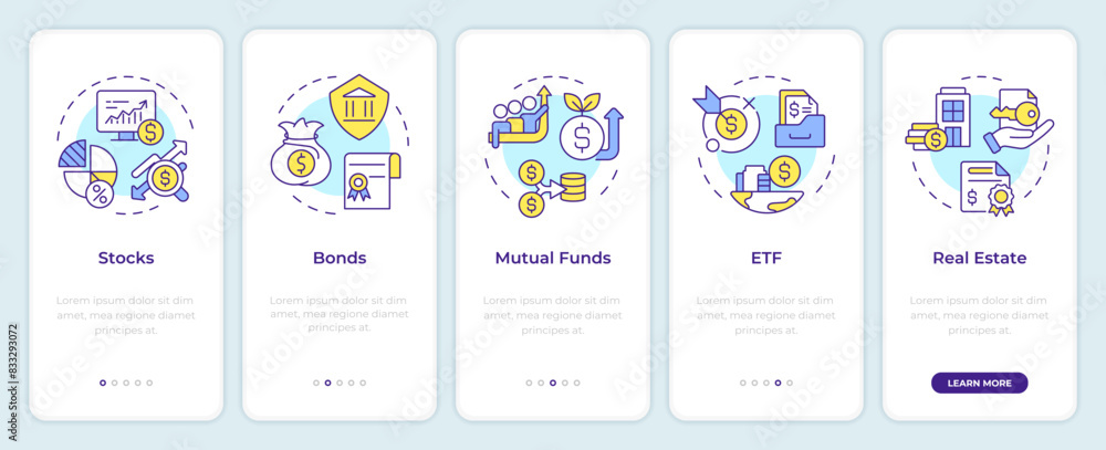 Investments types onboarding mobile app screen. Walkthrough 5 steps editable graphic instructions with linear concepts. UI, UX, GUI template. Montserrat SemiBold, Regular fonts used