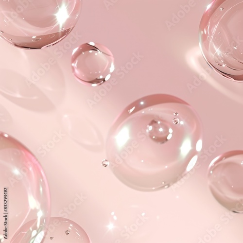 Graphic image of soap bubbles, transparent bubbles of various sizes with light reflections on a light-pink background, creating lightness and airiness.
