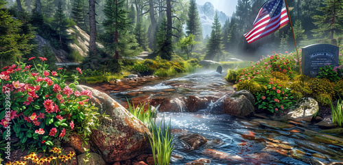 Serene Memorial Day scene: streamside grave with a flag and flowers creating a tranquil flow. photo