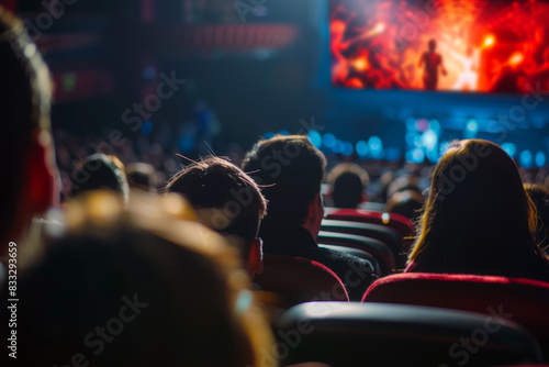 back view of a group of people enjoy watching movie in modern movie theater © AiCreator