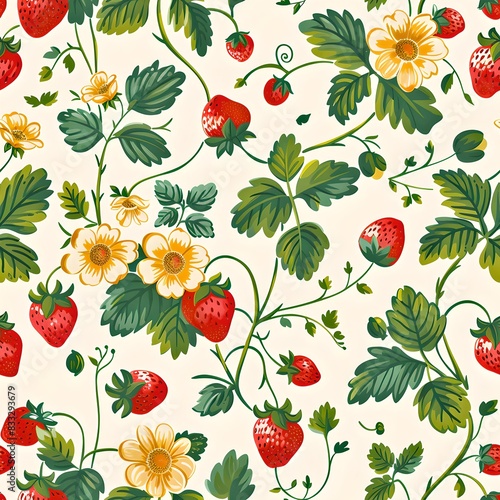 Wallpaper Mural Colorful strawberry and floral pattern. Bright and joyful design. Suitable for wallpapers, fabrics, and digital backgrounds. Vintage botanical style. AI Torontodigital.ca