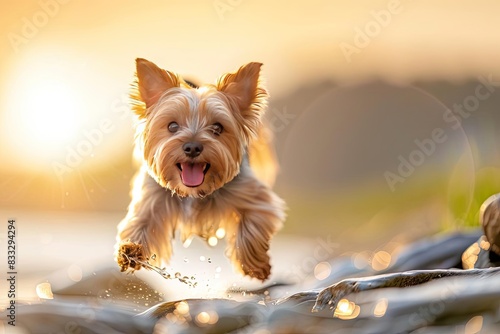 Adorable dog running happily on a rocky path by the water during a golden sunset, displaying joy and energy. photo