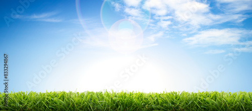 Obraz na płótnie A bright fresh sunny spring, summer blue sky background with white fluffy clouds and freshly cut green grass lawn. w salonie