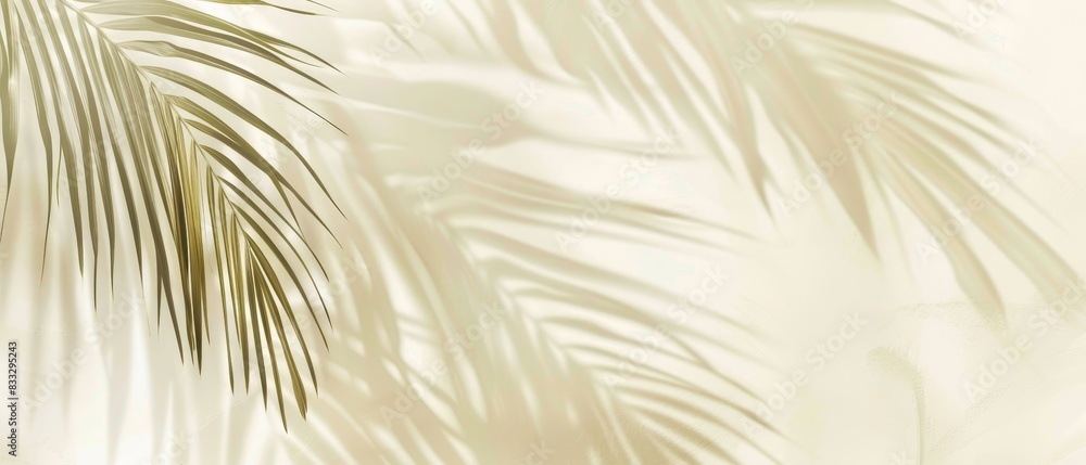 Fototapeta premium Blurred shadow from palm leaves on light cream wall