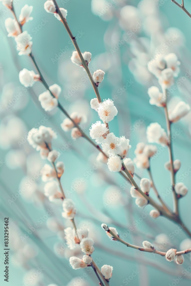 Blooming fluffy willow branches in spring on nature macro with soft focus Blooming fluffy willow branches in spring on nature macro with soft focus