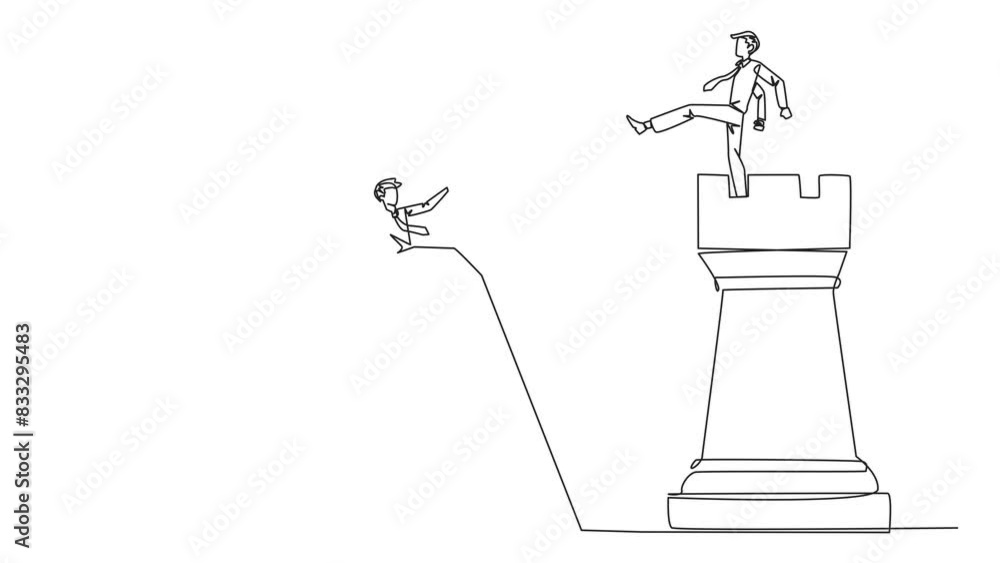 Animation of single one line drawing businessman kicks opponent who climbing the chess rook with ladder. Wrong move. Wrong strategy. Plan leaked by colleague. Traitor. Full length motion Animation of single one line drawing businessman kicks opponent who climbing the chess rook with ladder. Wrong move. Wrong strategy. Plan leaked by colleague. Traitor. Full length motion