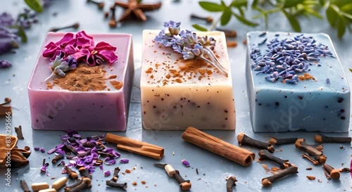 Handmade organic soap with medicinal plants cinnamon spices and essential oils. Concept Organic Soap, Medicinal Plants, Cinnamon Spices, Essential Oils, Handmade Products photo
