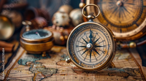 Travel geography navigation concept background - old vintage retro compass with sundial and spyglass on ancient world map