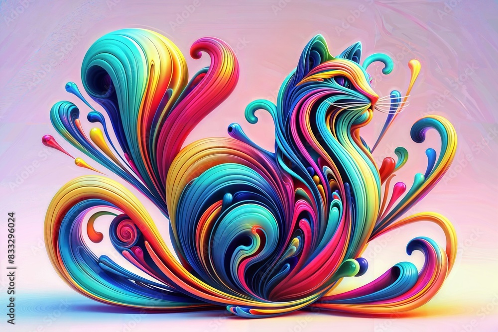 A vibrant, digitally rendered cat with a whimsical, flowing mane of colors, featuring a mix of blues, yellows, reds, and greens, set against a soft pink background. A vibrant, digitally rendered cat with a whimsical, flowing mane of colors, featuring a mix of blues, yellows, reds, and greens, set against a soft pink background.