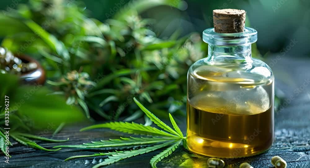 CBD Oil on Wooden Table: A High Angle View of Alternative Health Care. Concept CBD Oil, Alternative Health Care, High Angle View, Wooden Table, Herbal Remedies CBD Oil on Wooden Table: A High Angle View of Alternative Health Care. Concept CBD Oil, Alternative Health Care, High Angle View, Wooden Table, Herbal Remedies