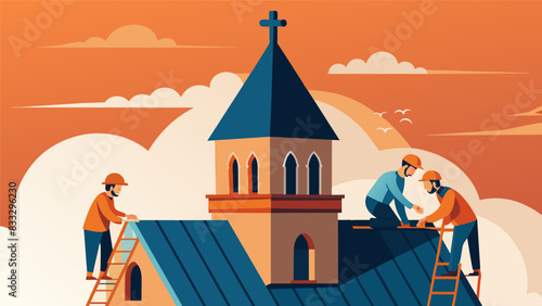 Workers carefully inspecting and repairing the copper roofing on a church steeple shining in the sunlight.. Vector illustration