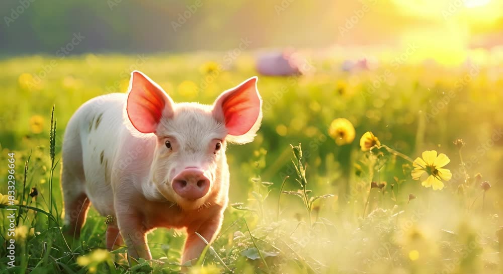 Organic Farm Features Pigs Grazing in Sunlit Green Meadow to Promote Healthy Food. Concept Organic farming, Pigs grazing, Sunlit meadow, Healthy food, Green environment Organic Farm Features Pigs Grazing in Sunlit Green Meadow to Promote Healthy Food. Concept Organic farming, Pigs grazing, Sunlit meadow, Healthy food, Green environment