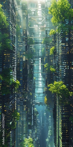 Cityscape that blends architectural elements with natural forms  illustrating a futuristic city where urban living nature coexist beautifully  palette of greens  blues  and earth tones  ai generated