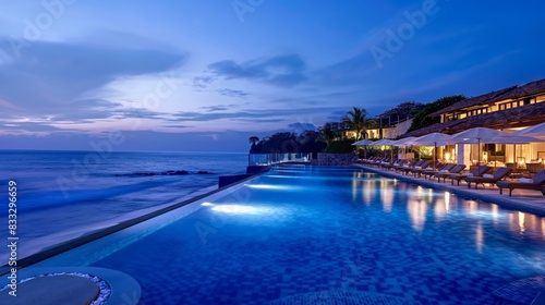Luxurious Beachfront Resort At Sunset With Illuminated Infinity Pool In Tropical Paradise © YURY YUTY