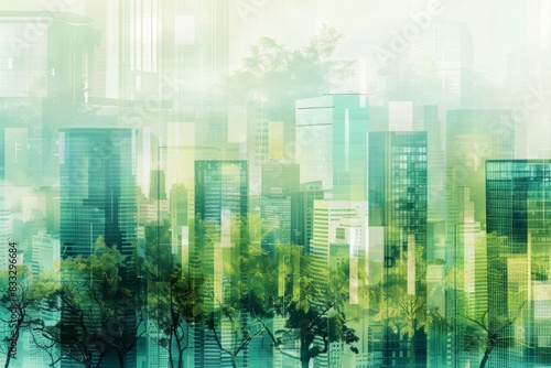 Cityscape that blends architectural elements with natural forms  illustrating a futuristic city where urban living nature coexist beautifully  palette of greens  blues  and earth tones  ai generated