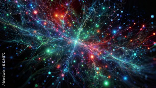 A vibrant digital visualization of a neural network or a cosmic web, featuring a multitude of interconnected nodes and lines in a spectrum of colors against a dark background.