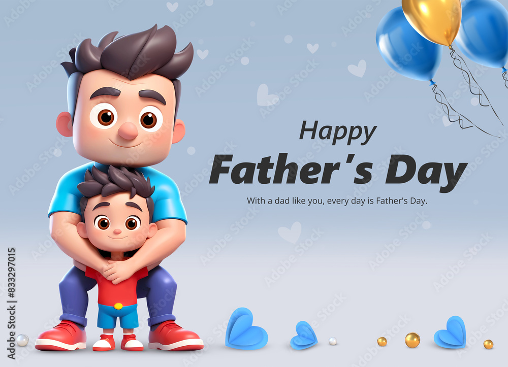 Fototapeta premium Happy father’s day background with 3d father hugging his son cartoon characters