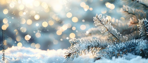 Beautiful winter background image of frosted spruce branches 