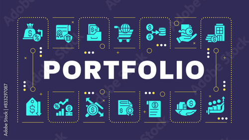 Portfolio purple word concept. Long term investment, volatility. Return potential, growth. Visual communication. Vector art with lettering text, editable glyph icons. Hubot Sans font used