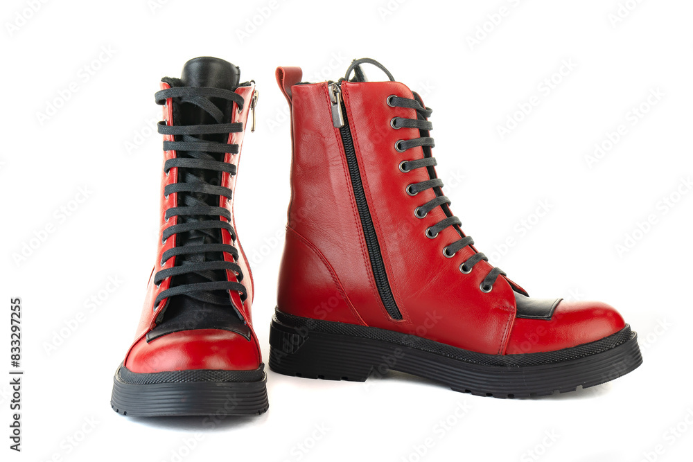 Women's red shoes from a varnish on a white background Women's red shoes from a varnish on a white background