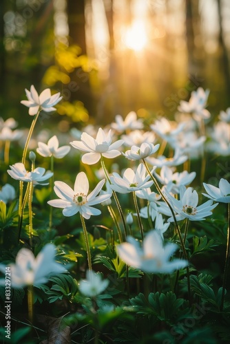 Beautiful white flowers of anemones in spring in a forest in sunlight in nature 