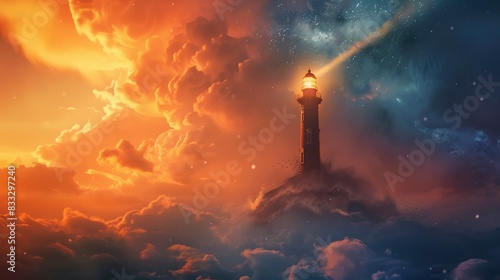 a lighthouse guiding ships through a storm, with candy floss clouds and a whimsical sky in the background