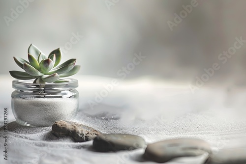 Succulente dans un petit pot en verre sur fond de sable et pierres photo