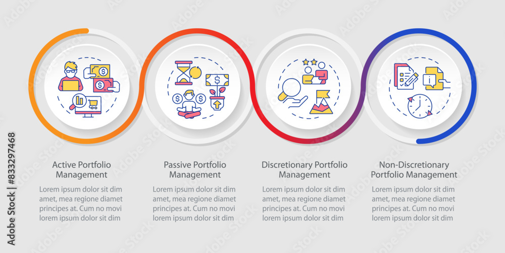 Types of portfolio organization loop infographic template. Data visualization with 4 steps. Editable timeline info chart. Workflow layout with line icons. Myriad Pro-Regular font used