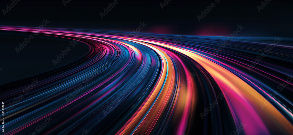 Curved neon light trails in a dark background, illustrating the concept of data transfers and fast-paced digital communication in a technological landscape Curved neon light trails in a dark background, illustrating the concept of data transfers and fast-paced digital communication in a technological landscape