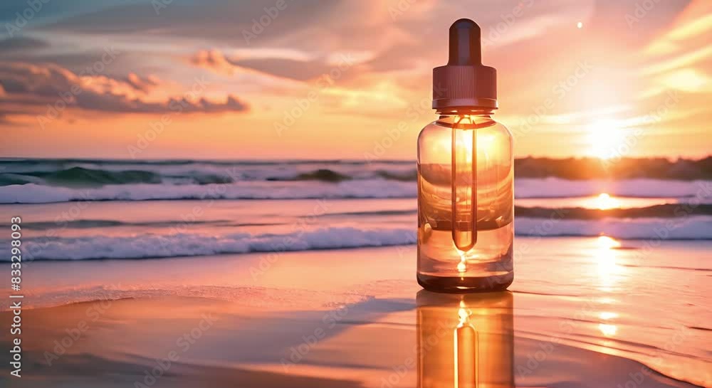 2oz glass dropper bottle with amber extract in beach sunset mockup. Concept Mockup design, Amber extract, 2oz dropper bottle, Beach sunset, Product packaging