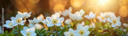 Beautiful white flowers of anemones in spring in a forest in sunlight in nature  photo