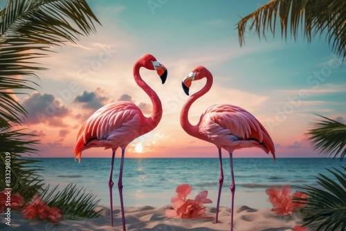 Two flamingos stand facing each other on a serene beach with a vibrant sunset