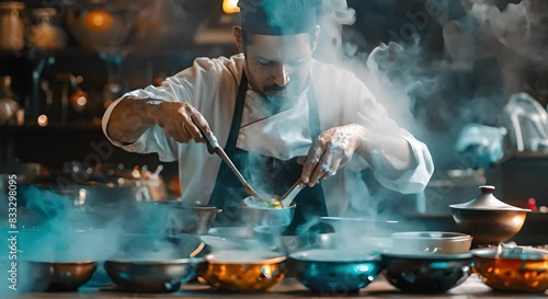 Spectral Chef Brewing Vibrant Potions in Shadowy Kitchen: Unveiling Secrets. Concept Fantasy, Magical, Chef, Brewing, Shadows