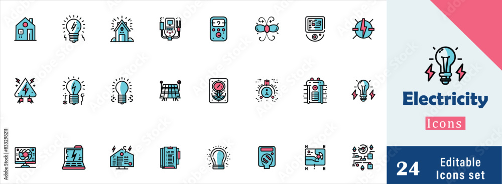 Set of line icons in linear style. Series - Electricity, electric power line, light, light bulb and electrical icon collection. Conceptual pictogram and infographic Set of line icons in linear style. Series - Electricity, electric power line, light, light bulb and electrical icon collection. Conceptual pictogram and infographic
