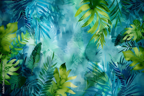 A vibrant watercolor ecology background featuring lush greenery and blue hues  evoking a sense of nature s beauty.